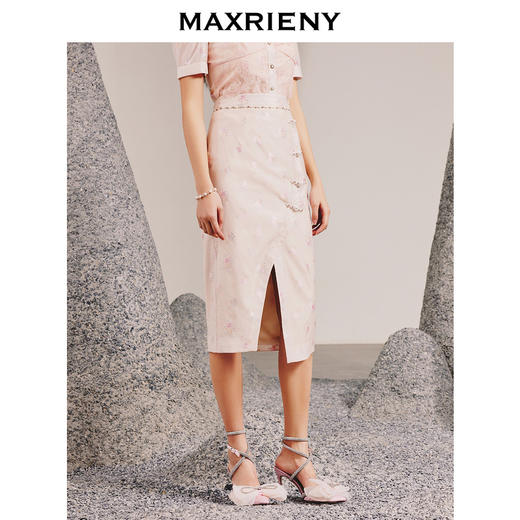 MAXRIENY复古新中式粉色提花开衩半身裙春季(货号:MC88SK071) 商品图2