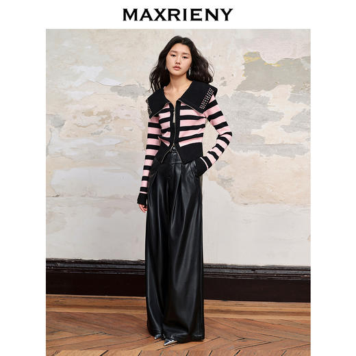 【商场同款】MAXRIENY条纹彼得大翻领针织拉链开衫秋冬修身上衣女(货号:MC88JA590) 商品图1