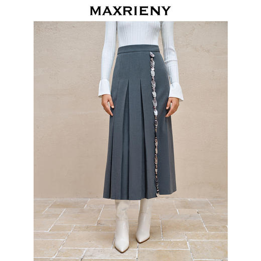 MAXRIENY*复古感闪亮半裙烟灰色百褶裙(货号:MC88SK762) 商品图1