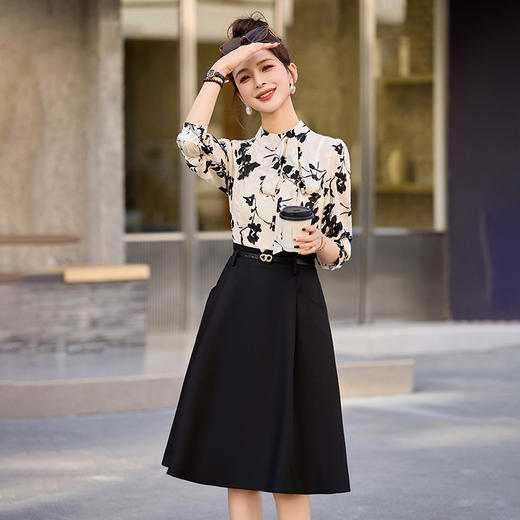 2024秋装新款领口搭配领巾简单显瘦时尚 时尚配送腰带连衣裙HR-SNXF2901 商品图3