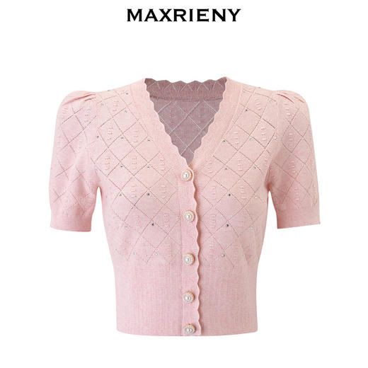 MAXRIENY甜美复古感菱形格提花v领毛衫修身上衣(货号:MS85SW023) 商品图4