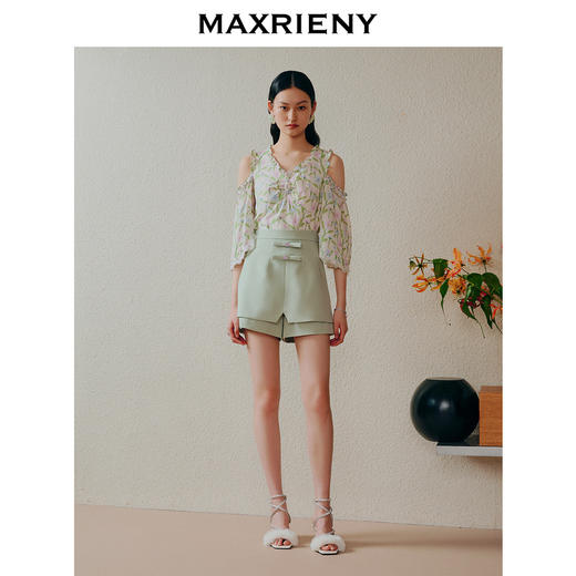 MAXRIENY薄荷曼波风喇叭袖雪纺衫田园风印花上衣(货号:MC88TP351) 商品图1