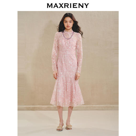 MAXRIENY*优雅浪漫感连衣裙2024秋冬新款鱼尾荷叶边蕾丝长裙(货号:MS85DR519) 商品图0