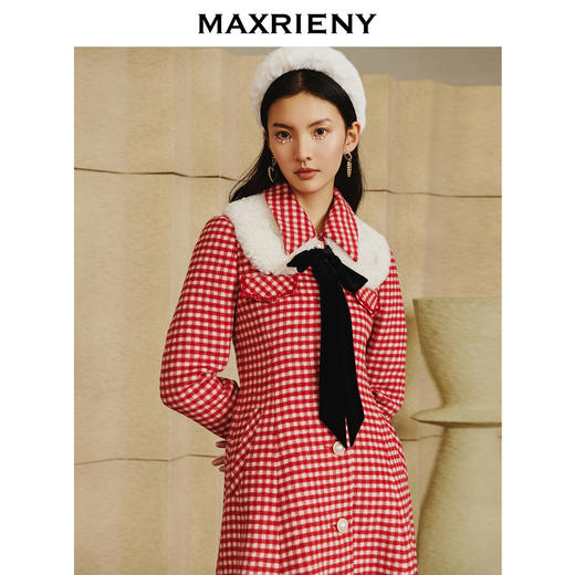 MAXRIENY红白格纹大衣蝴蝶结毛翻领风衣毛呢外套(货号:MC87CT783) 商品图2