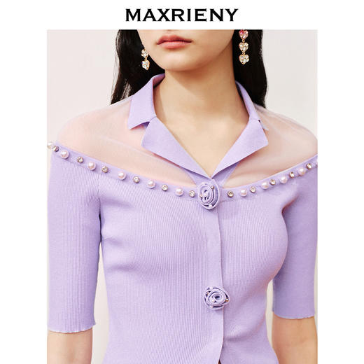 MAXRIENY淡紫欧根纱拼接v领套头针织衫温柔浪漫上衣(货号:MC88SW505) 商品图2