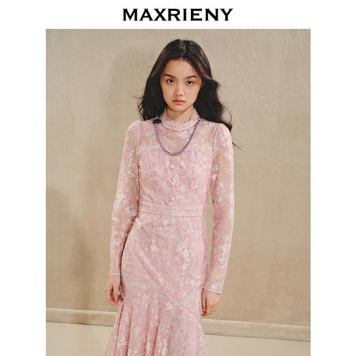 MAXRIENY*优雅浪漫感连衣裙2024秋冬新款鱼尾荷叶边蕾丝长裙(货号:MS85DR519) 商品图2