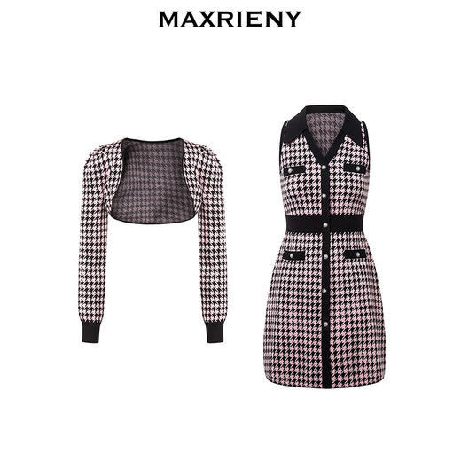 MAXRIENY名媛千金小香连衣裙千鸟格复古针织裙(货号:MS88DR548) 商品图4