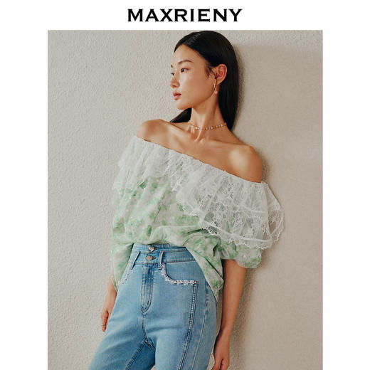 MAXRIENY甜美田园风一字肩雪纺衫荷叶边上衣(货号:MC88TP323) 商品图3