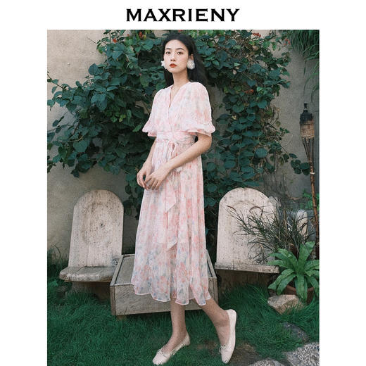 MAXRIENY海棠花V领茶歇裙夏桑蚕丝连衣裙中长仙(货号:MC87DR274) 商品图1