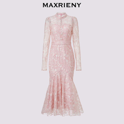 MAXRIENY*优雅浪漫感连衣裙2024秋冬新款鱼尾荷叶边蕾丝长裙(货号:MS85DR519) 商品图4