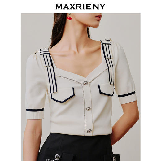 MAXRIENY千金海军风上衣复古甜美收腰泡泡袖针织衫(货号:MC88SW308) 商品图2