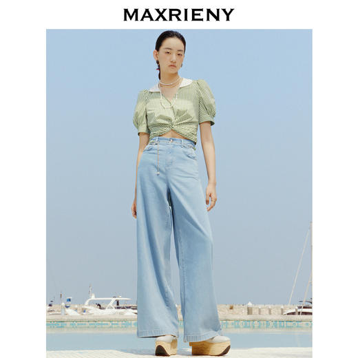 MAXRIENY赫本海军风衬衣23泡泡袖收腰条纹上衣(货号:MC88TP253) 商品图1