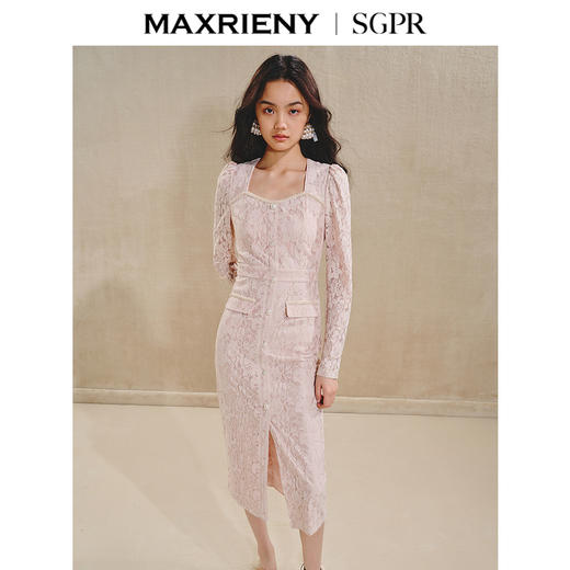 【商场同款】MAXRIENY*浪漫感连衣裙2024秋冬钉珠珍珠蕾丝长裙(货号:MS85DR501) 商品图2
