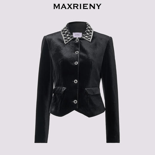 MAXRIENY*复古感丝绒外套2024秋冬新款水钻领收腰上衣女(货号:MS85JA507) 商品图4