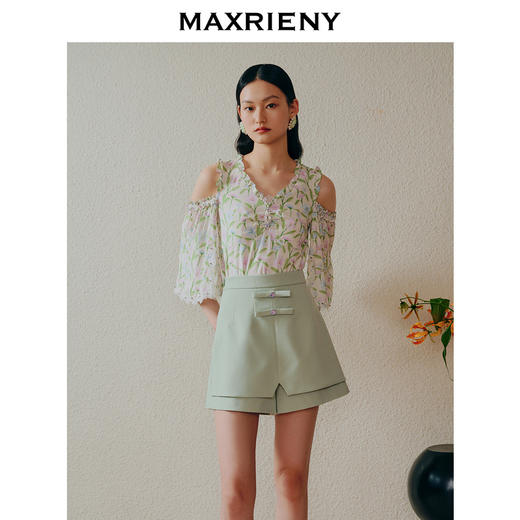 MAXRIENY薄荷曼波风喇叭袖雪纺衫田园风印花上衣(货号:MC88TP351) 商品图2