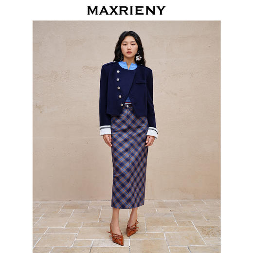 MAXRIENY复古格纹直筒半裙23秋冬梭织羊毛高腰裙子(货号:MC88SK542) 商品图1