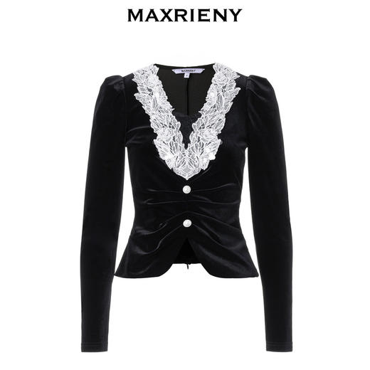 MAXRIENY法式复古撞色花边刺绣蕾丝雪纺衫(货号:MS88TP501) 商品图4