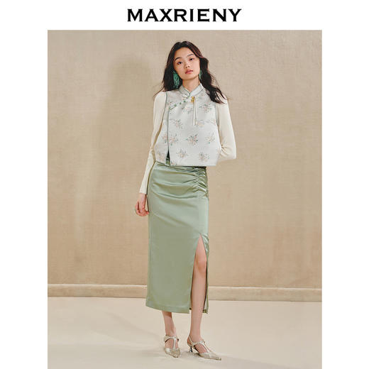MAXRIENY清雅新中式半裙2024秋冬新款抽褶优雅开叉高腰长裙(货号:MS85SK518) 商品图1