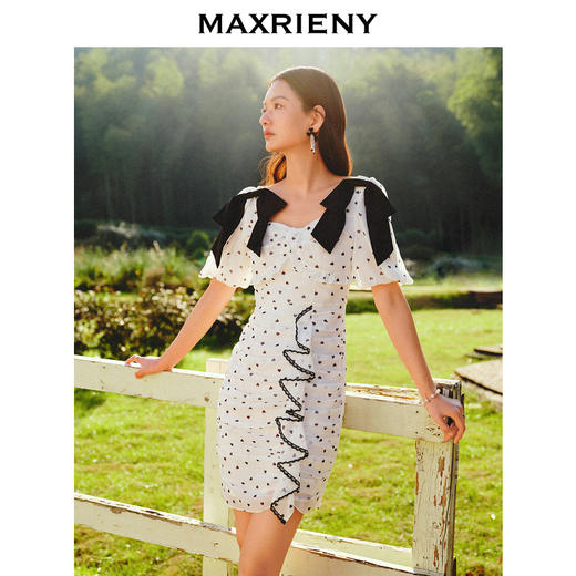 MAXRIENY甜美少女感露腰蝴蝶结连衣裙波点蕾丝裙(货号:MS88DR049) 商品图1