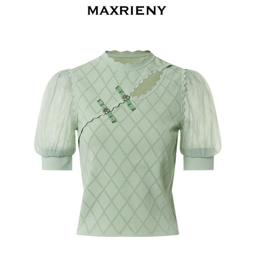 MAXRIENY新中式格纹镂空套头针织上衣薄荷曼波风(货号:MC88SW503) 商品图4
