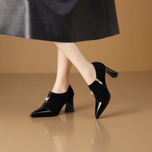 【预售5天】真皮单鞋羊翻皮复古尖头粗跟短靴女秋春季新款深口中跟及踝靴HY&H3501 商品图4