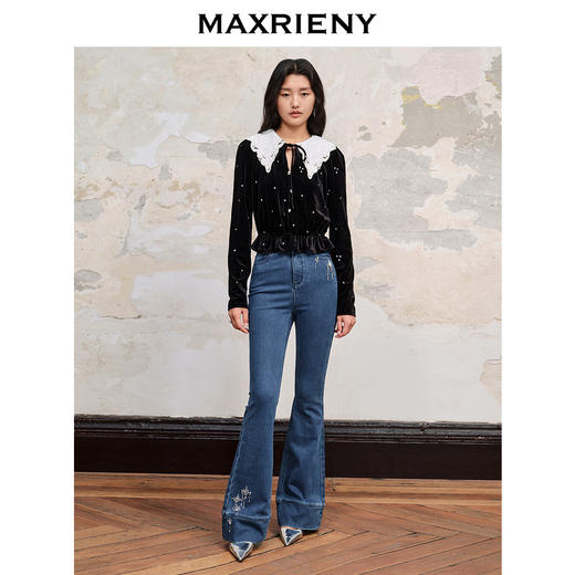 MAXRIENY轻奢摩登烫钻丝绒雪纺衫修身上衣(货号:MC88TP575) 商品图1