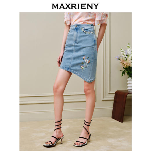 MAXRIENY不规则下摆牛仔短裙高腰廓形钉钻半身裙(货号:MC88SK310) 商品图2