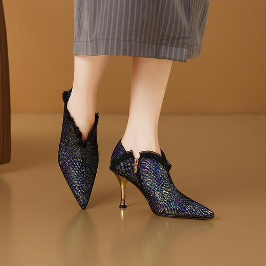 【预售7天】蕾丝花边真皮高跟深口单鞋女水钻尖头秀气皮鞋秋冬踝靴CX&CX083 商品图0