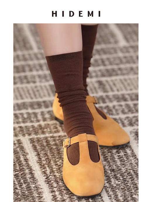 HIDEMI 【董生活同款】进口做旧麂皮复古方圆头宽带玛丽珍平底鞋 复古红/姜黄色/巧克力棕 商品图6