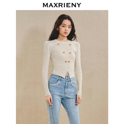 【主题纪念款】MAXRIENY*复古套头针织衫金花纽扣斜襟修身上衣(货号:MS85SW525) 商品图2