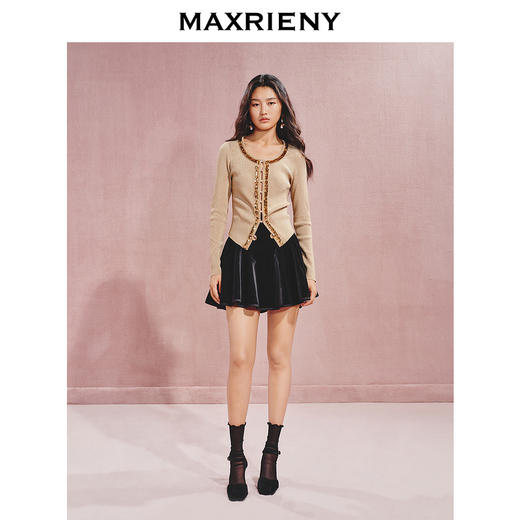 【早鸟款】MAXRIENY复古宫廷风金亮片珠圆领毛织上衣女修身显瘦(货号:MC85SW532) 商品图1