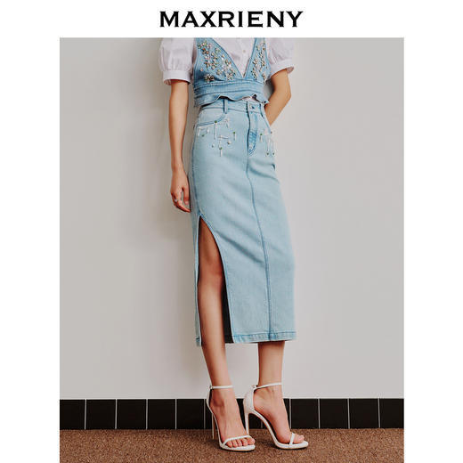 MAXRIENY牛仔高腰开叉半身裙包臀一步裙长裙(货号:MC88SK281) 商品图2