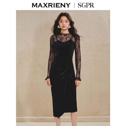 【商场同款】MAXRIENY法式浪漫复古连衣裙蕾丝丝绒长裙抽褶包臀(货号:MS85DR761) 商品图1