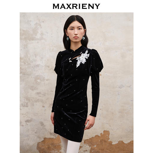 MAXRIENY法式复古烫钻丝绒旗袍连衣裙秋冬修身裙子(货号:MS88DR529) 商品图2