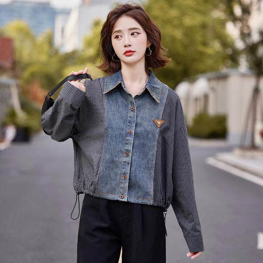 休闲洋气时尚宽松，小个子牛仔衬衫拼接短外套HR-YLFS8939 商品图2