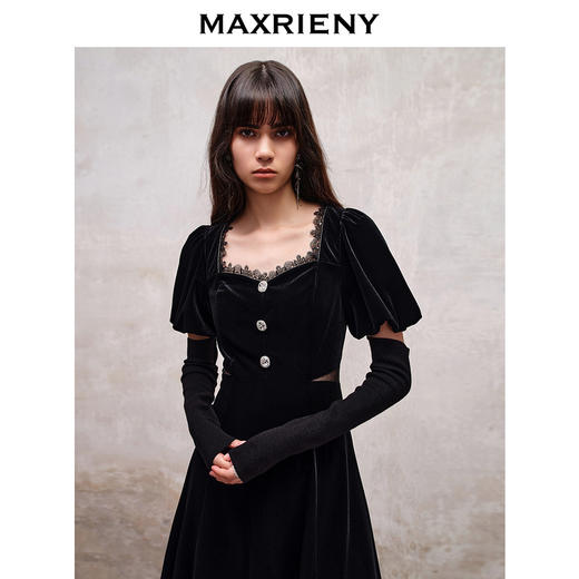 MAXRIENY法式宫廷复古风丝绒连衣裙钻饰羊腿袖裙子(货号:MS88DR518) 商品图2