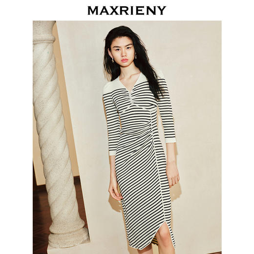 【商场同款-摩登女爵】MAXRIENY*休闲条纹抽褶针织连衣裙(货号:MC85DR074) 商品图1