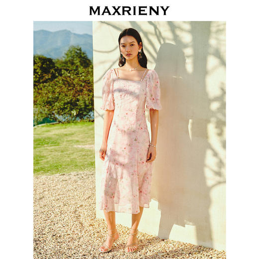 【商场同款】MAXRIENY甜美复古桃花美人连衣裙夏款收腰显瘦(货号:MS88DR012) 商品图1