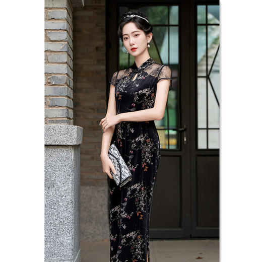 中国风黑色蕾丝丝绒，拼接长款旗袍GX-262674 商品图2