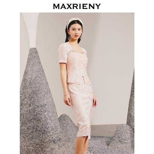 MAXRIENY浪漫复古感粉色提花收腰上衣春(货号:MC88TP088) 商品图2