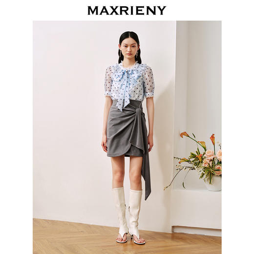 MAXRIENY复古宫廷风蓝波点雪纺衫通勤泡泡袖上衣(货号:MC88TP508) 商品图1