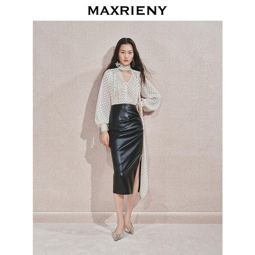 【贵雅日常-商场同款】MAXRIENY复古抽褶性感线条开衩半身裙(货号:MC85SK556) 商品图1