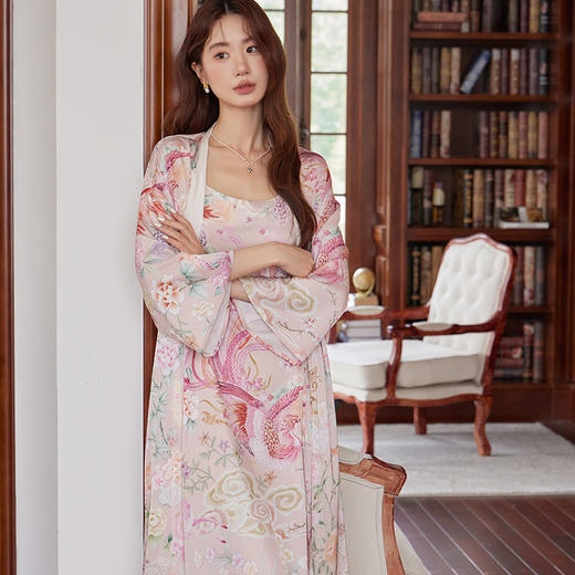 国风凤凰缎面吊带长袍两件套 高级牛奶丝缎面料 低调奢华风吊带睡袍睡衣家居服 商品图2