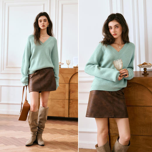OLrain欧芮儿V领针织衫女秋季2024年新款慵懒风宽松通勤套头上衣 商品图1