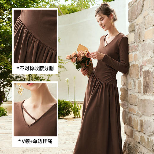 OLrain欧芮儿法式V领咖色连衣裙女秋季2024新款显瘦收腰弹力长裙 商品图2