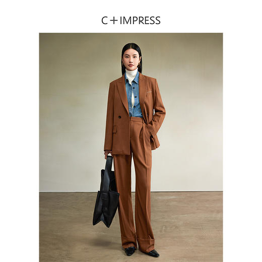 西嘉【秋季新品】醋酸羊毛混纺中古VTG风腰带设计感西装+翻脚口直筒裤（WT2403018） 商品图3