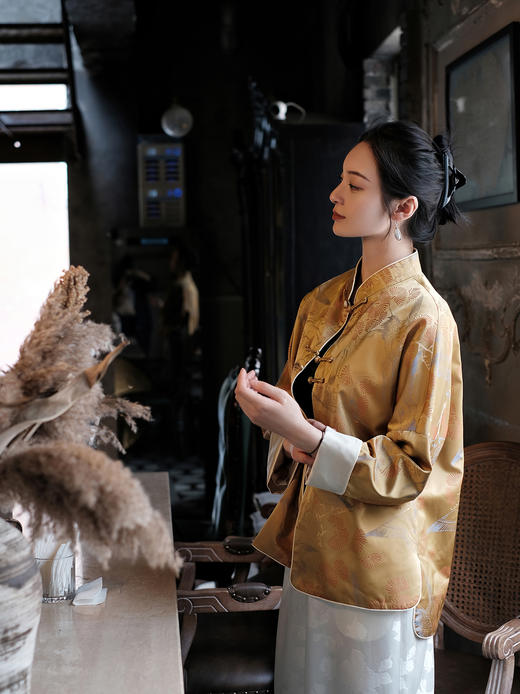 盛唐婧 |真丝宋锦立领对襟外套-黄色 商品图6