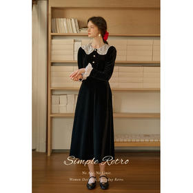 SimpleRetro黑天鹅泡影 复古赫本风丝绒连衣裙女法式娃娃领小黑裙