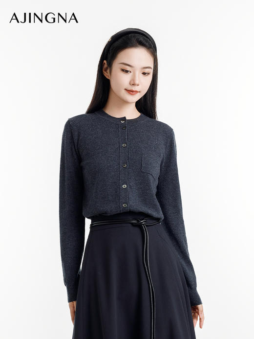 【商场同款】阿菁娜2024秋季新款绵羊毛精致圆领开衫A30D318027 商品图0