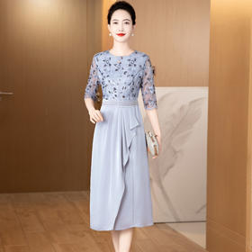 LC2461夏季收腰长款洋气时尚妈妈通勤连衣裙新款气质刺绣显瘦年轻妈妈装
